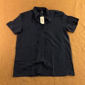 JEMITOP Mens Large Black Lace Up V-Neck Cotton Short Sleeve Shirt NWT
